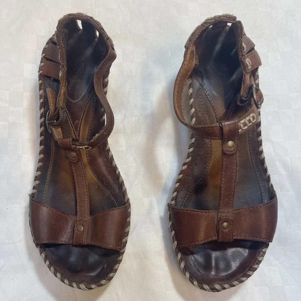 Ariat Shalimar Boho Brown Leather T-Strap Wedge Sandals Womens‎ 7.5 UK 5 EU 38.5